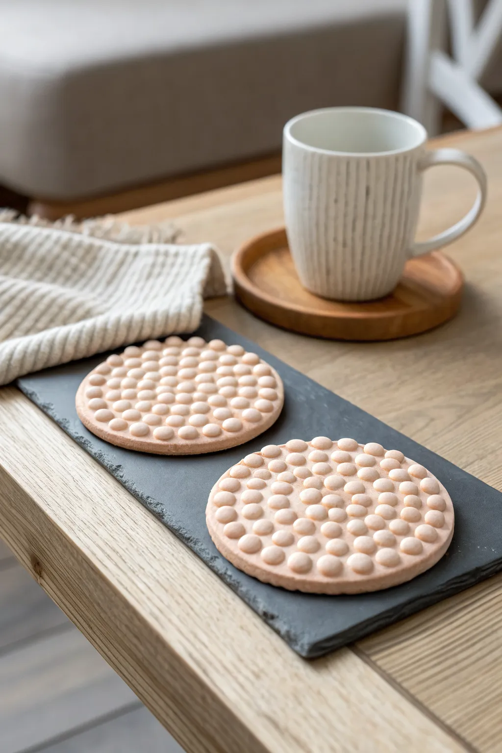 Playful bubble-texture puffy coasters in soft pastels, adding cozy Scandi-boho charm.