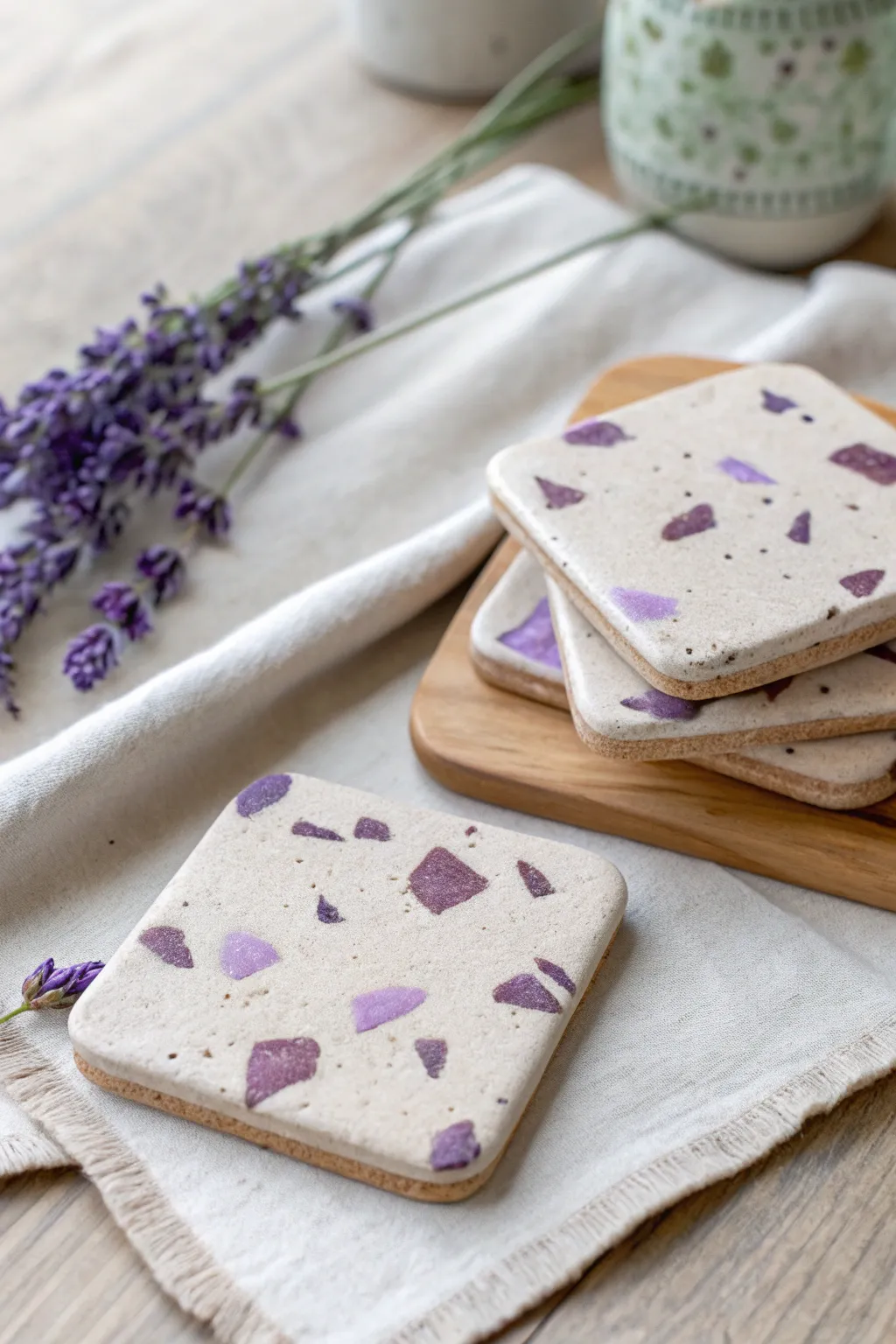 Minimal lilac terrazzo coaster tiles with bold purple chips, stacked for a chic handmade look.
