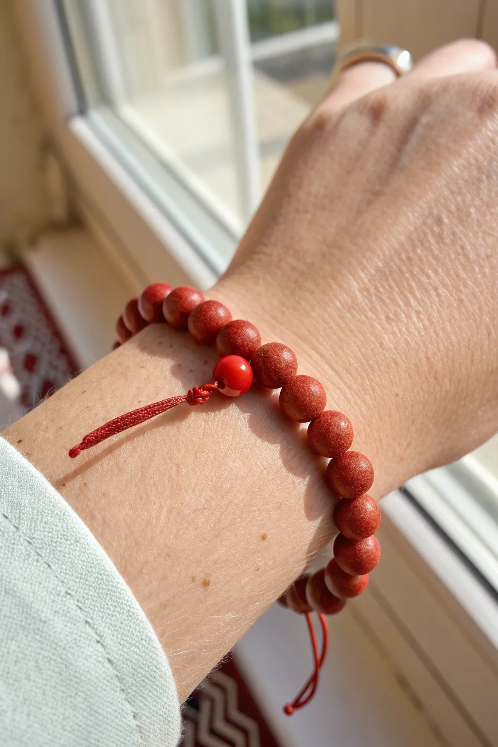 Mixed matte and glossy red clay beads create a subtle, modern bracelet with handcrafted warmth.