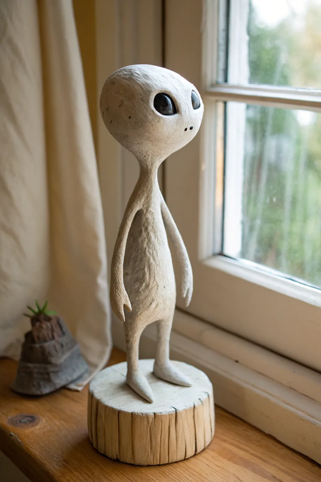 Surreal long limbed clay creeper in pale matte tones, minimalist styling with uncanny charm