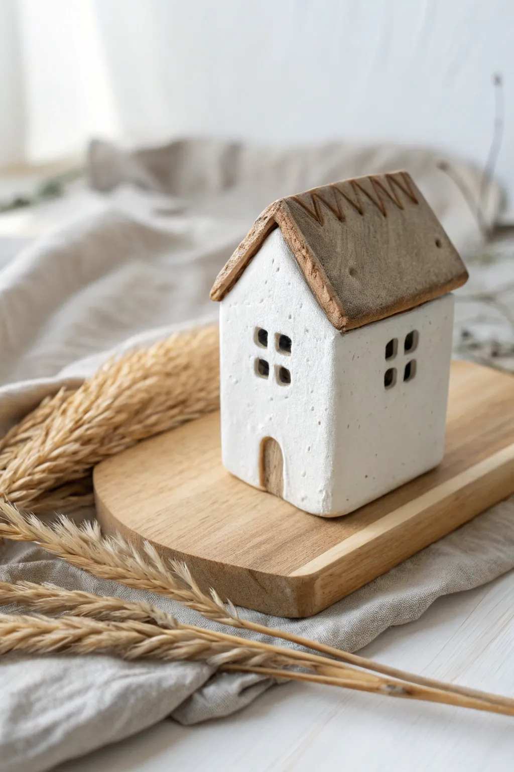 Minimal air-dry clay mini house ornament in calm neutrals, a cozy handmade shelf keepsake