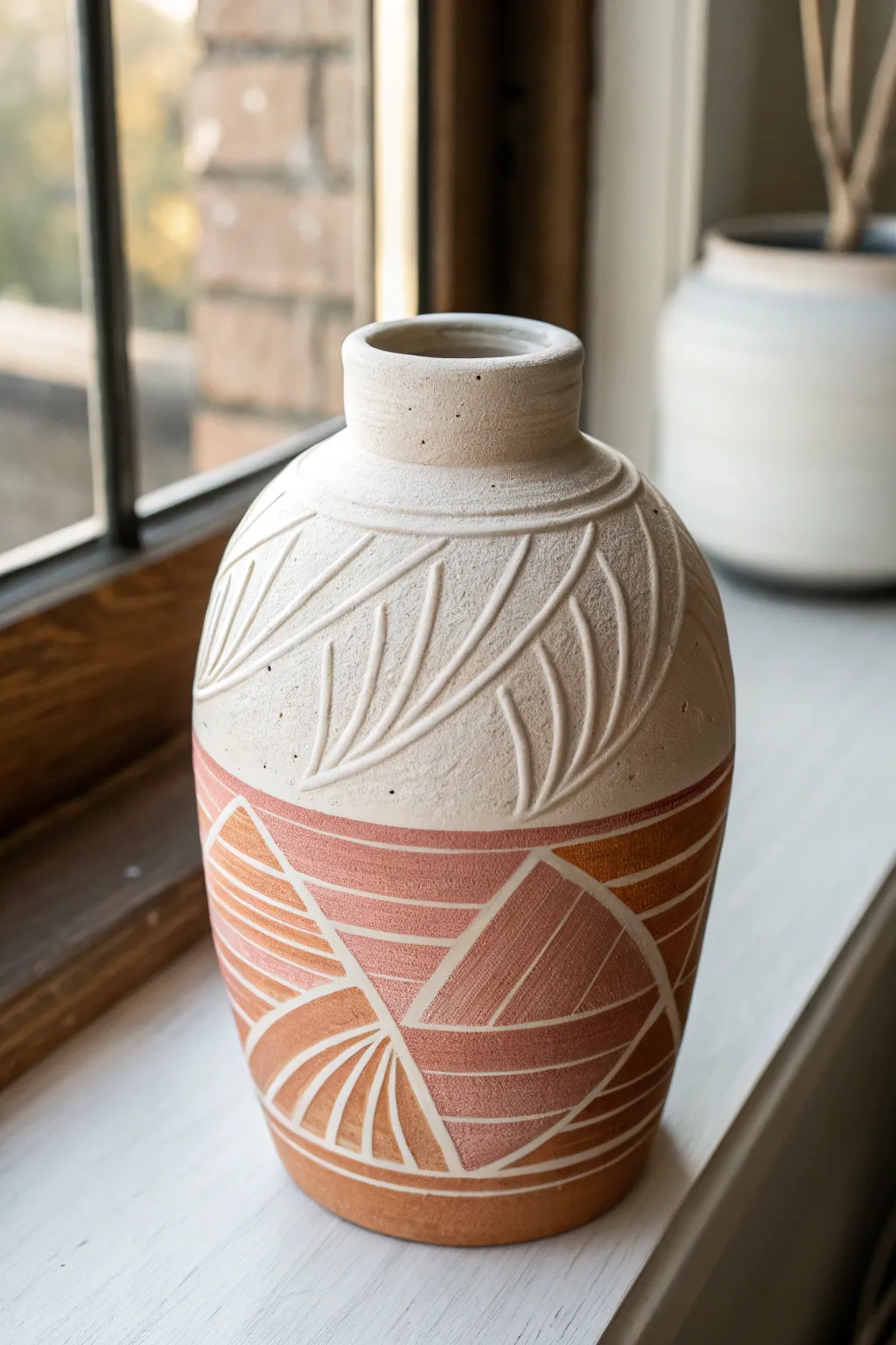 Layered slip sgraffito vase with bold two-tone reveal, minimal lines and warm handmade texture