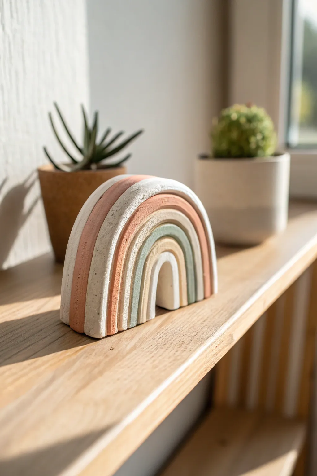 Muted earthy rainbow arch decor in air dry clay, minimalist boho styling with natural light