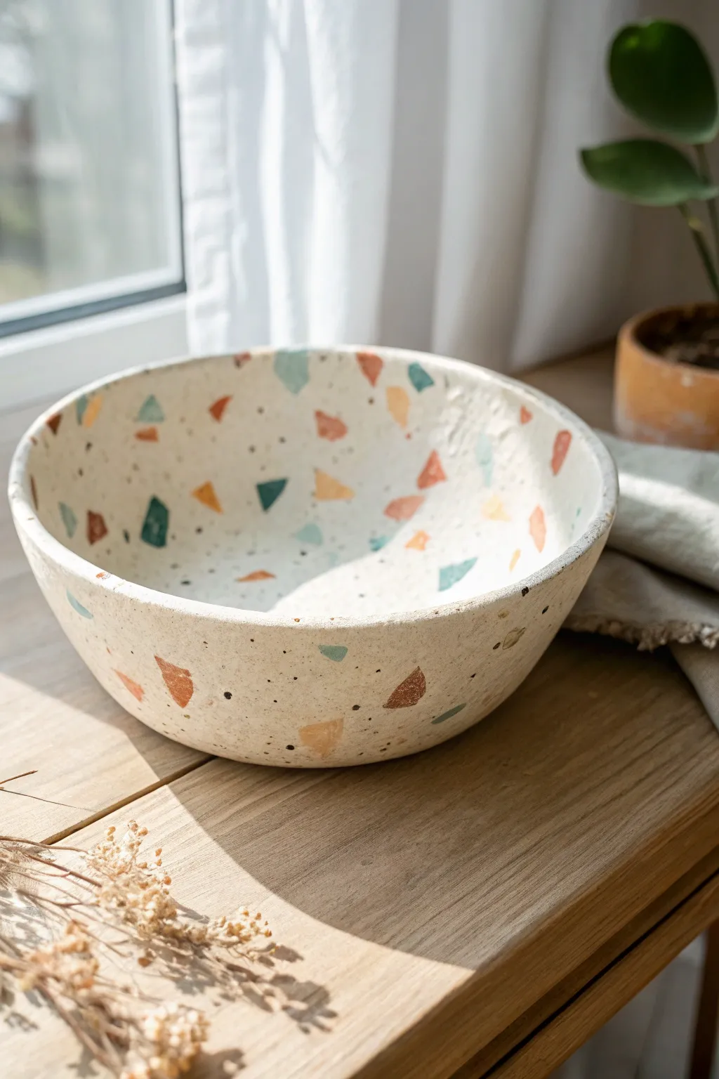 Terrazzo confetti clay bowl in soft sunlight, minimalist styling with a playful boho twist.
