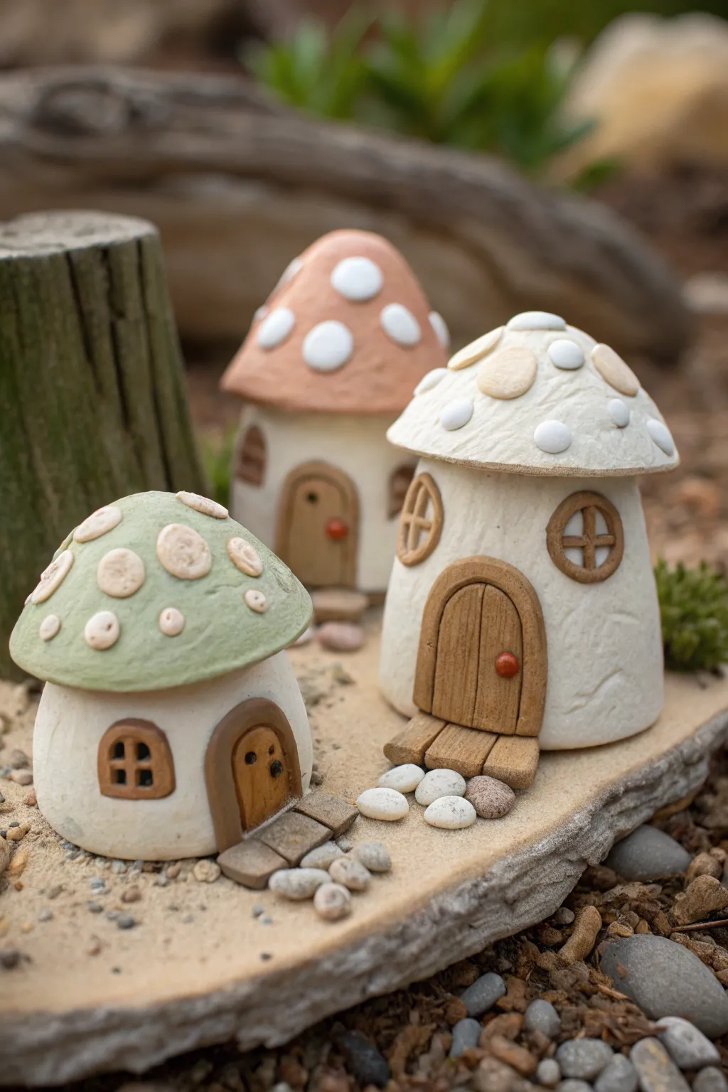 Mix-and-match tiny clay fairy houses grouped as a simple village on a natural base
