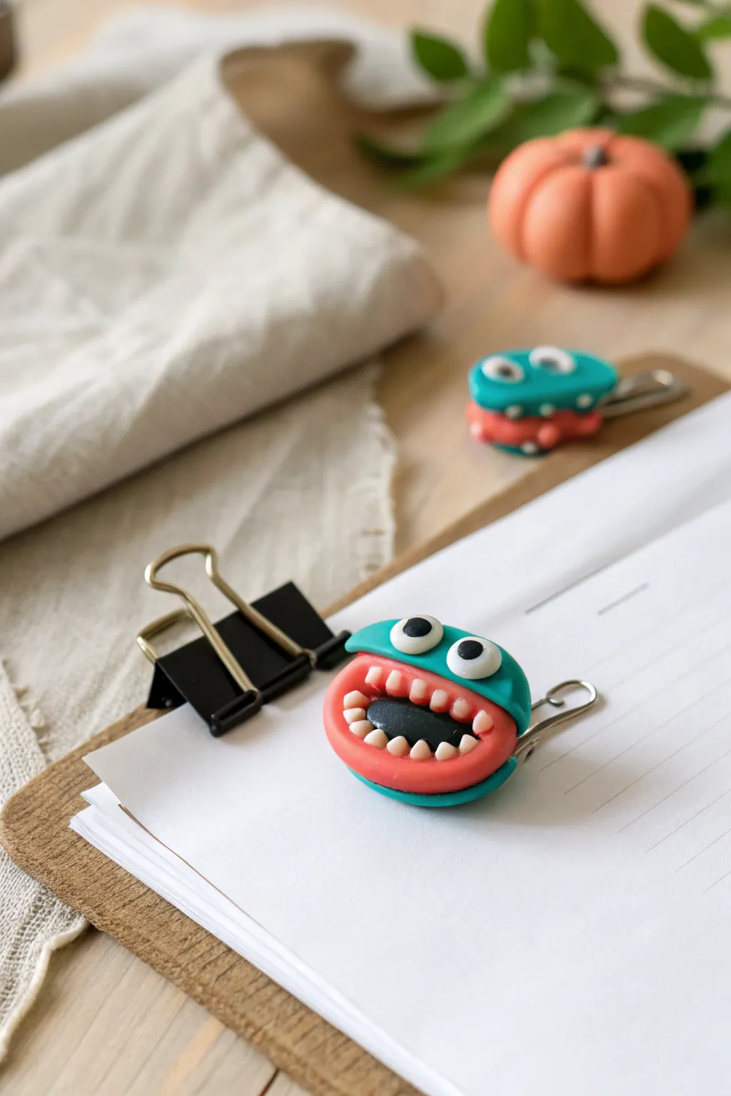 Bright clay monster mouth clip adds playful Halloween charm to a clean, cozy desk setup.