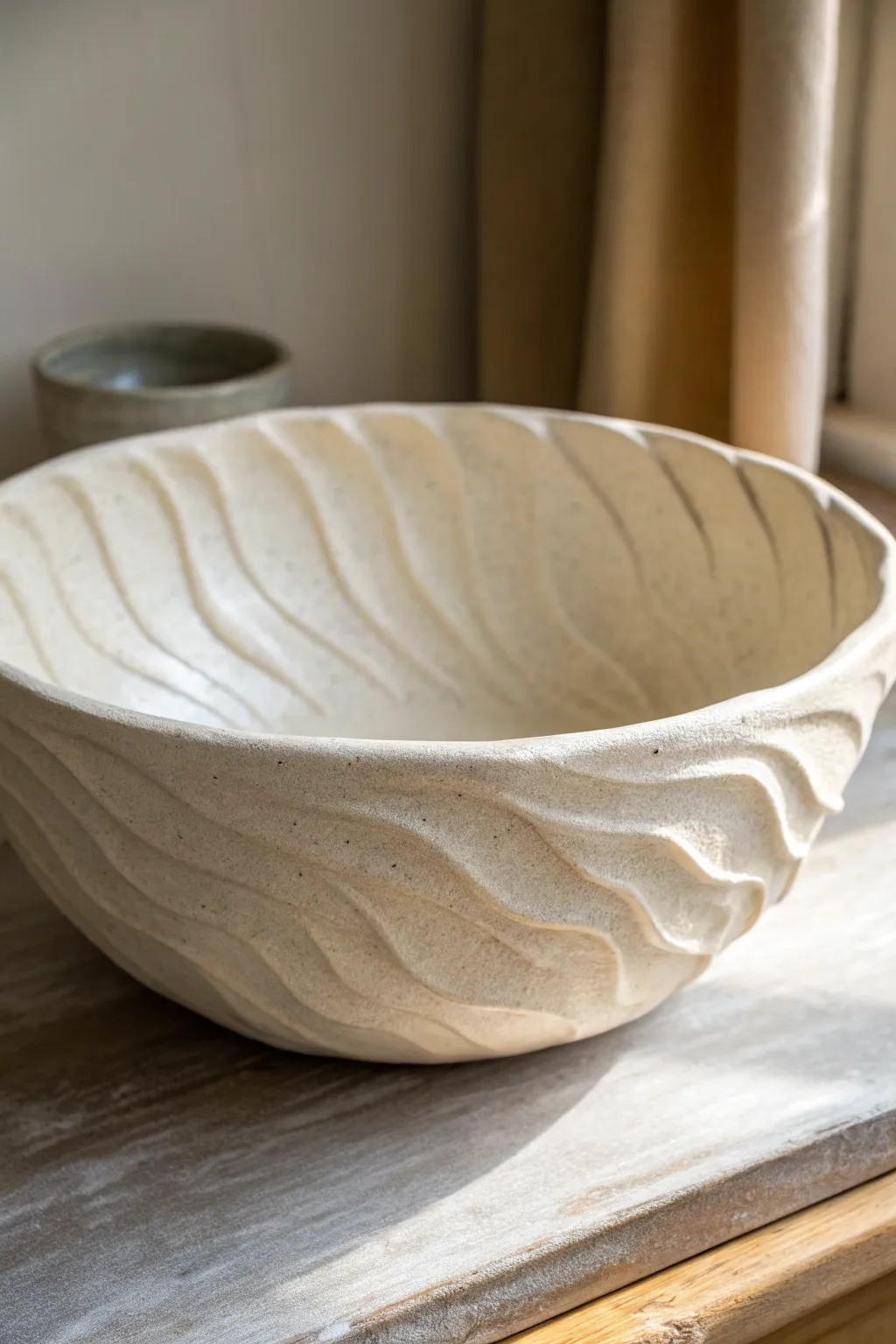 Draped slab bowl with calm natural ripples, matte finish, and soft Scandinavian-boho contrast