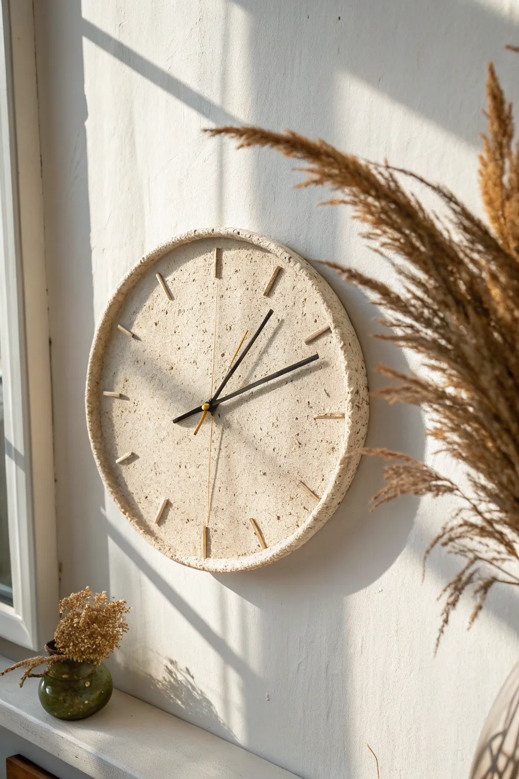Minimal slab ceramic wall clock with carved hour marks, soft neutrals, and a calm Nordic feel