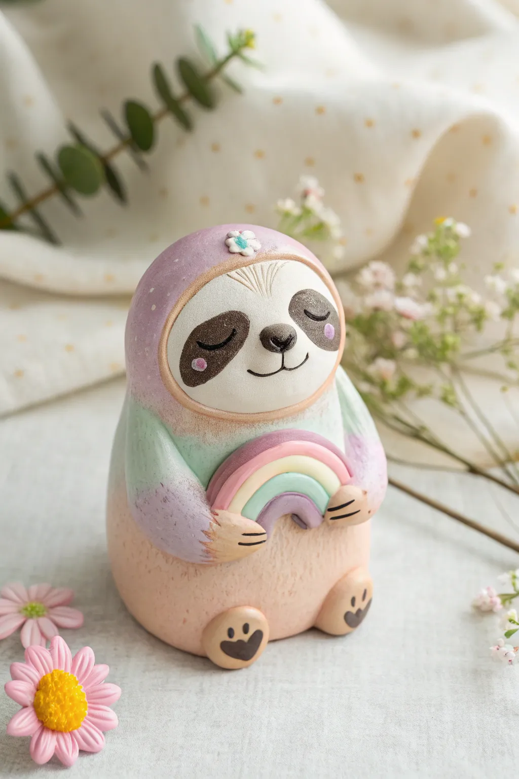 Sweet pastel gradient sloth figurine holding a tiny rainbow, minimalist boho ceramic charm