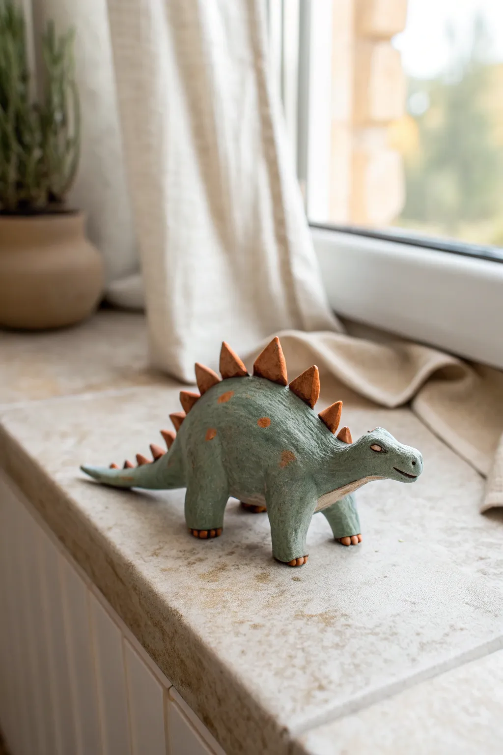 Tiny clay dino with soft spikes in calm earthy tones, a simple beginner animal idea to try.