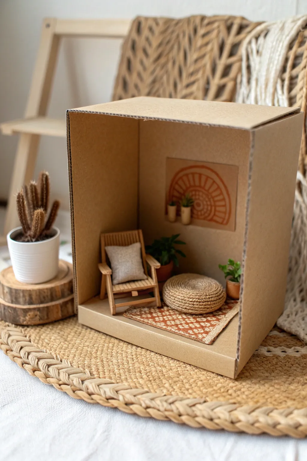 A tiny clay room in a little box, with a chair, plant, and rug for an easy mini diorama scene.