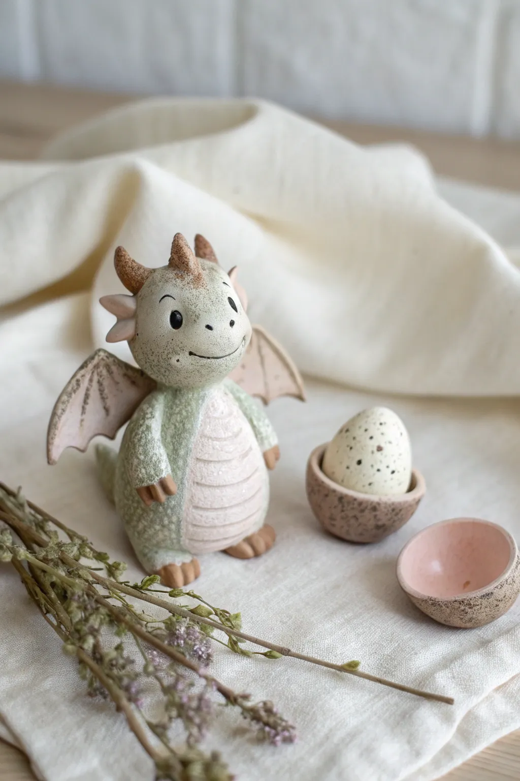 Tiny clay dragon hatchling beside a cracked egg, minimalist boho styling and soft light.