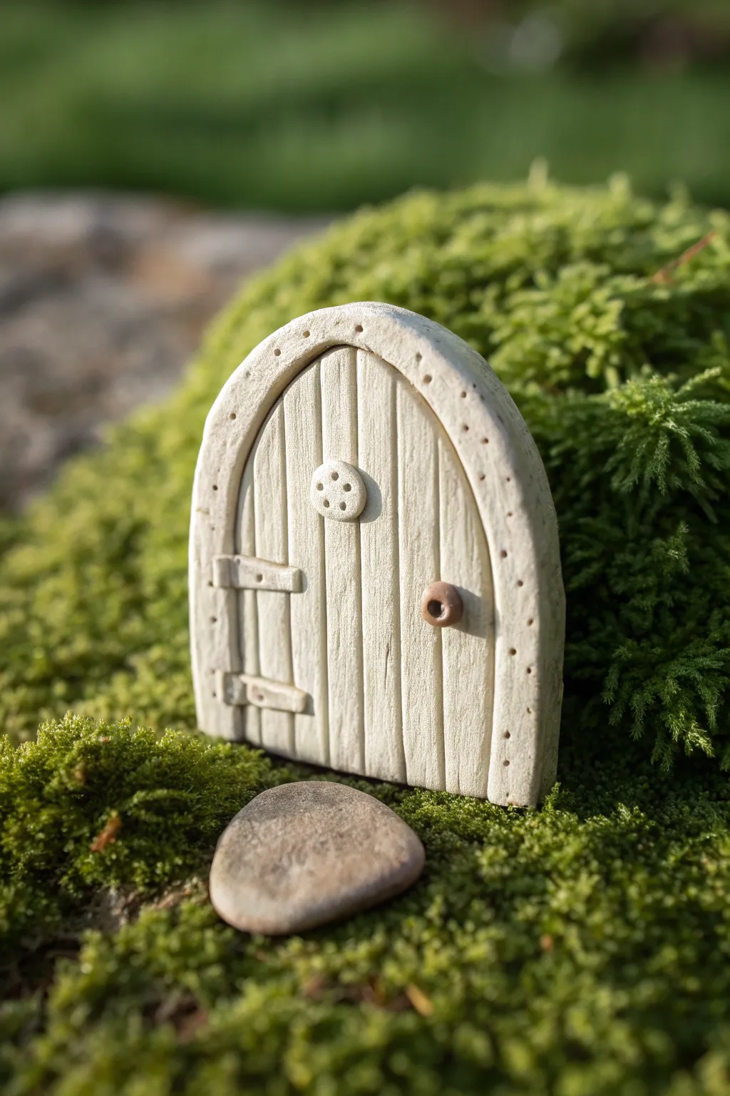 Tiny fairy door charm in matte clay, simple carved planks and knob, styled on mossy green.
