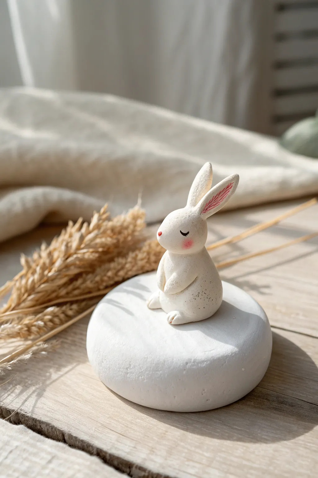 Tiny clay diorama on a cloud base with a sweet bunny, minimalist and softly boho.