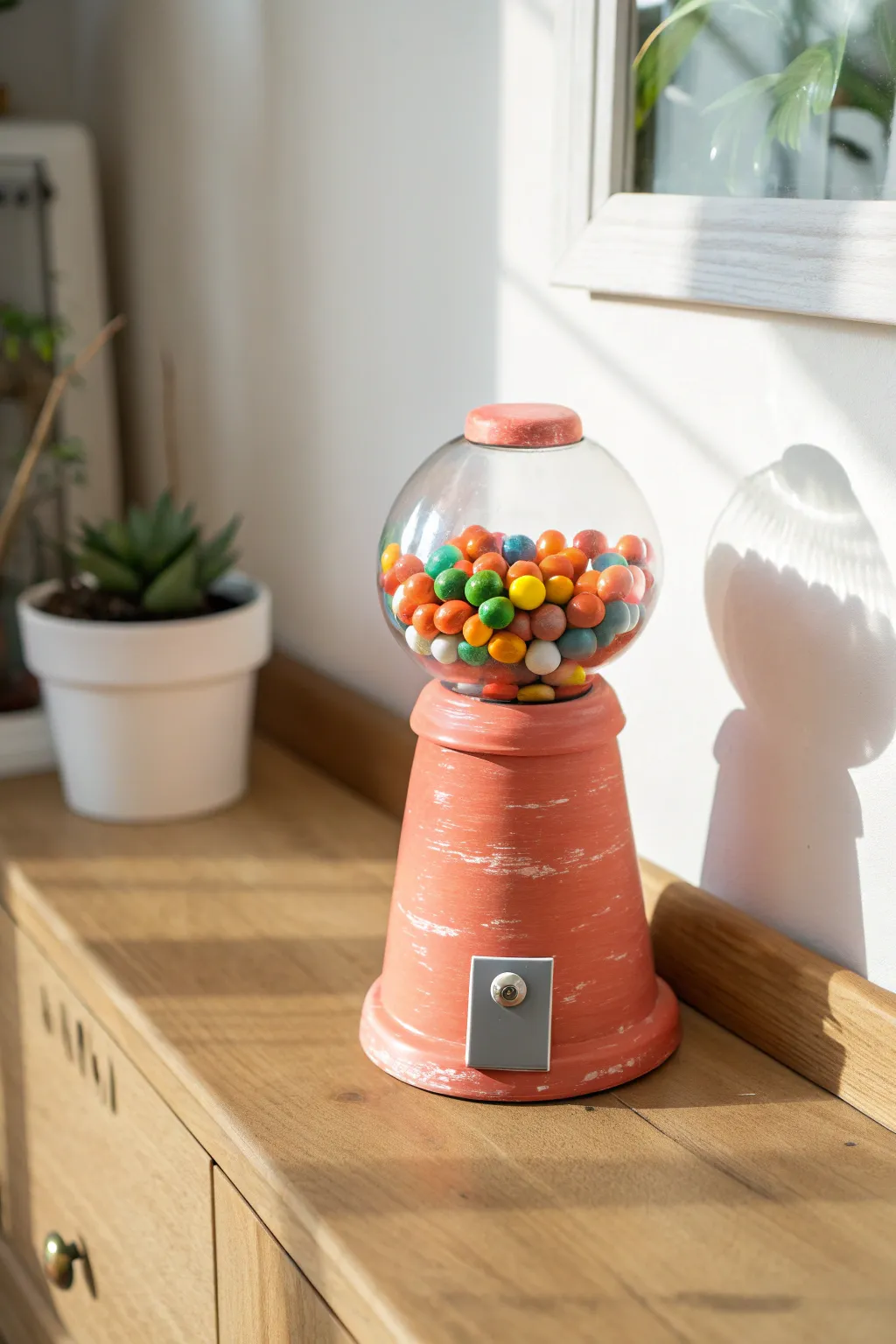 A cheerful gumball-style dispenser made from a tiny terracotta pot, simple, bright, and sweet.