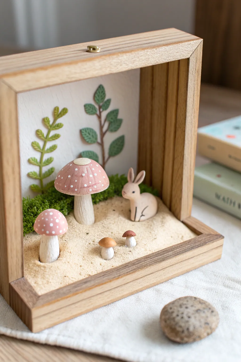 Mini tiny-world shadowbox with polymer clay mushrooms, plant, and a tiny sleeping animal