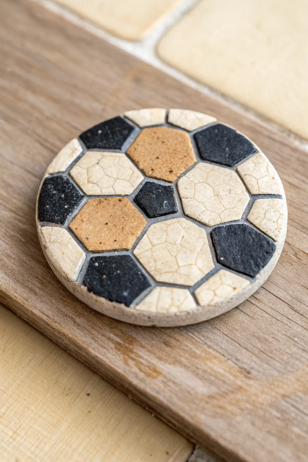 Minimal mosaic soccer-ball clay medallion with tile texture, calm Nordic boho contrast.
