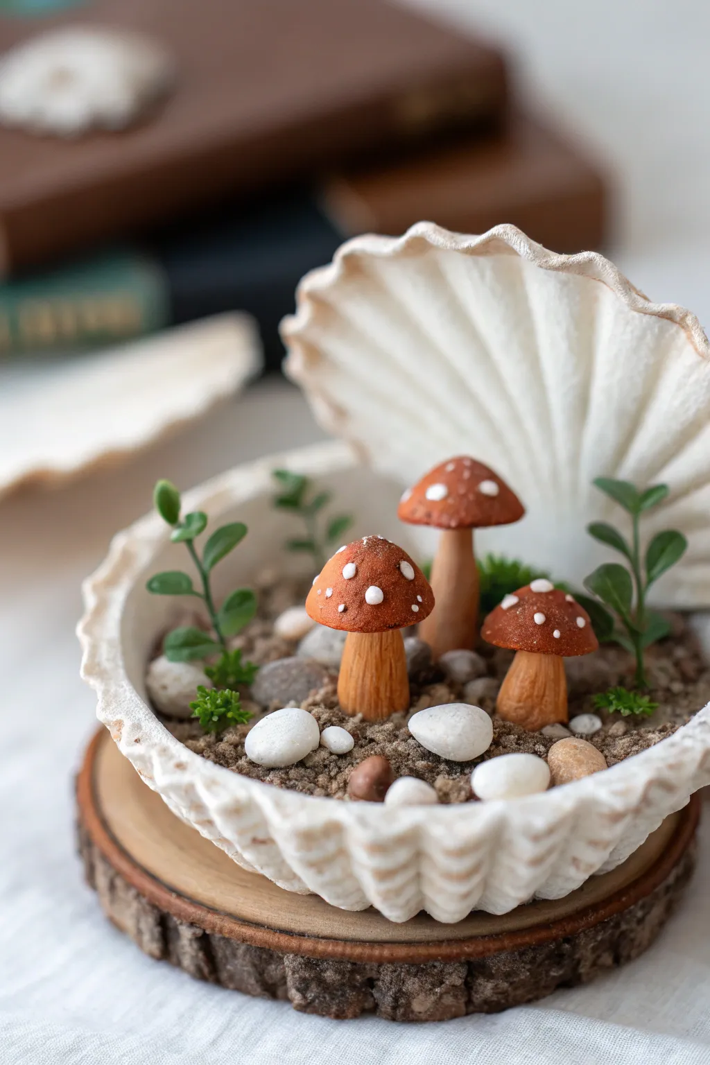 Cozy soft clay shell diorama with tiny mushrooms, Scandinavian minimal style, warm natural tones.