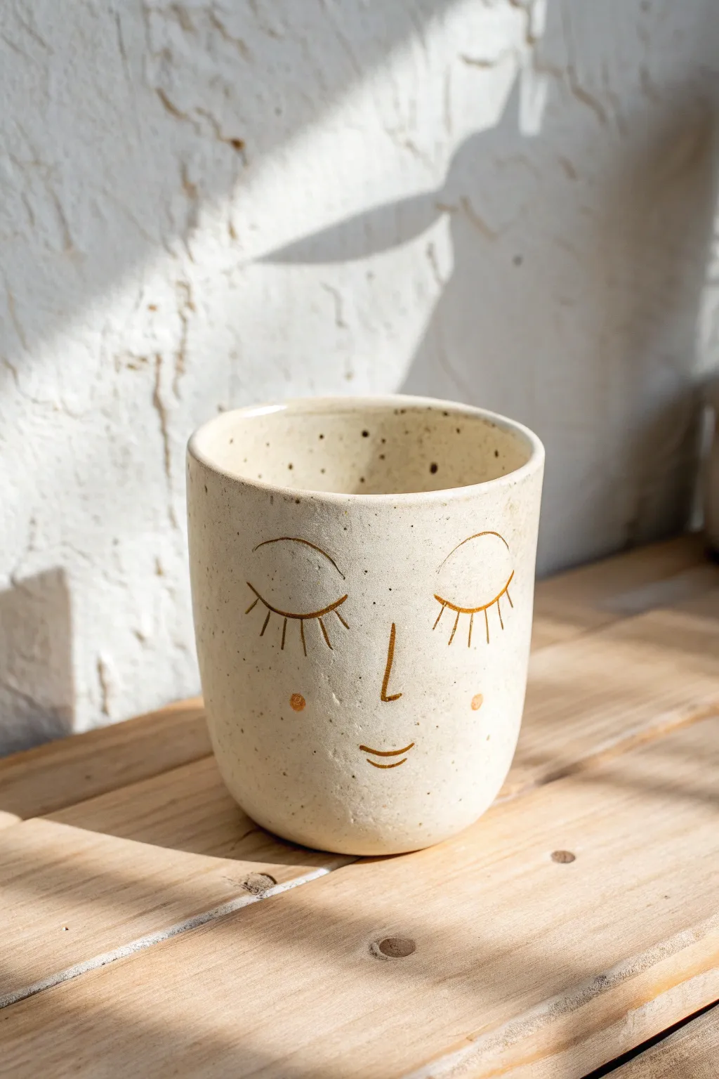 Soft slab face cup in creamy matte stoneware, playful minimal features, Nordic boho calm