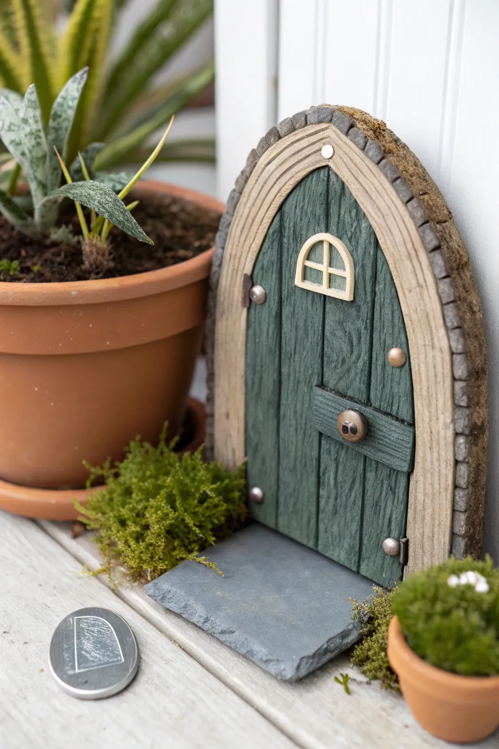 Witches-only fairy door in moody clay, minimal boho styling with mossy woodland charm.