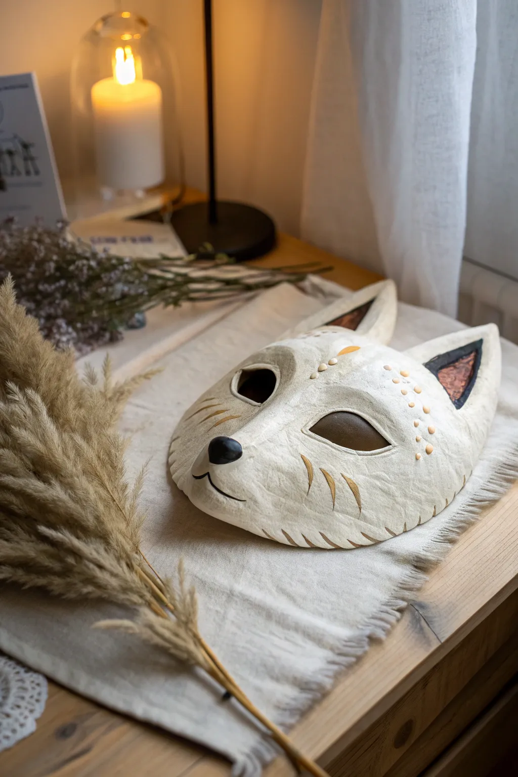 Softly glowing therian clay mask with night markings, minimalist styling and cozy contrast