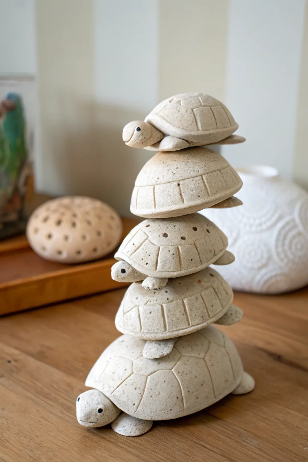 A playful stacked turtle shell totem in matte clay, minimalist yet charming desk decor