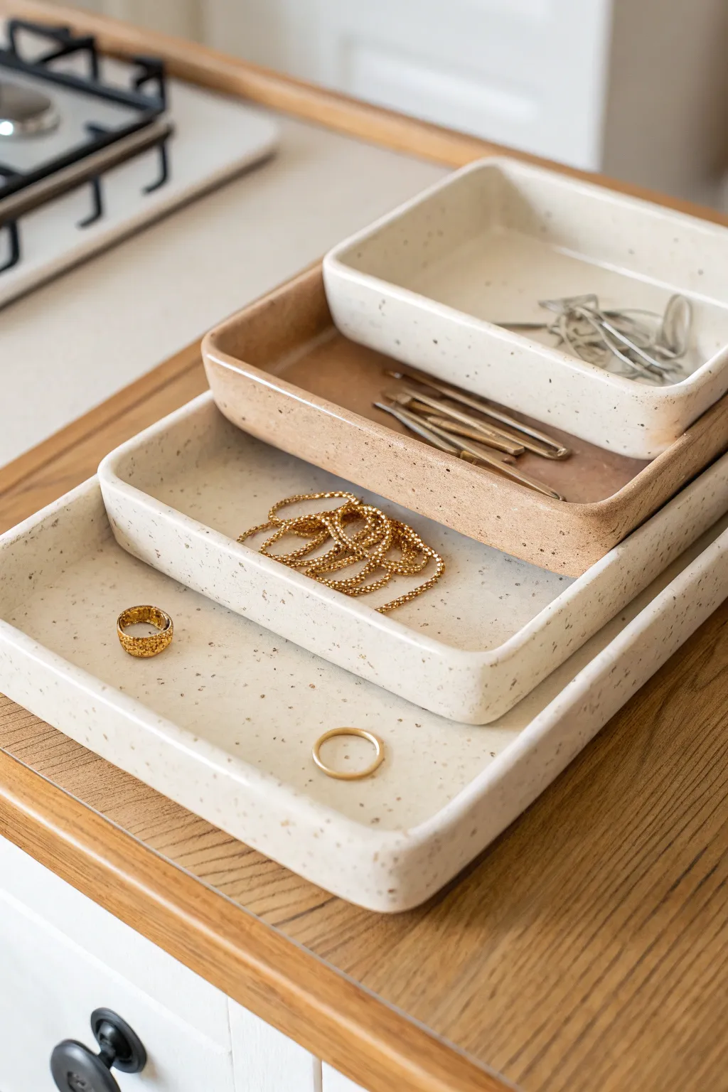 Stackable air dry clay trays keep tiny essentials tidy with calm minimalist style.