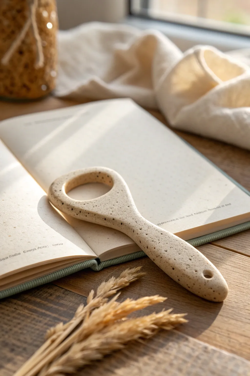 Handmade clay page opener on a blank journal, minimalist boho style for easy reading and notes.