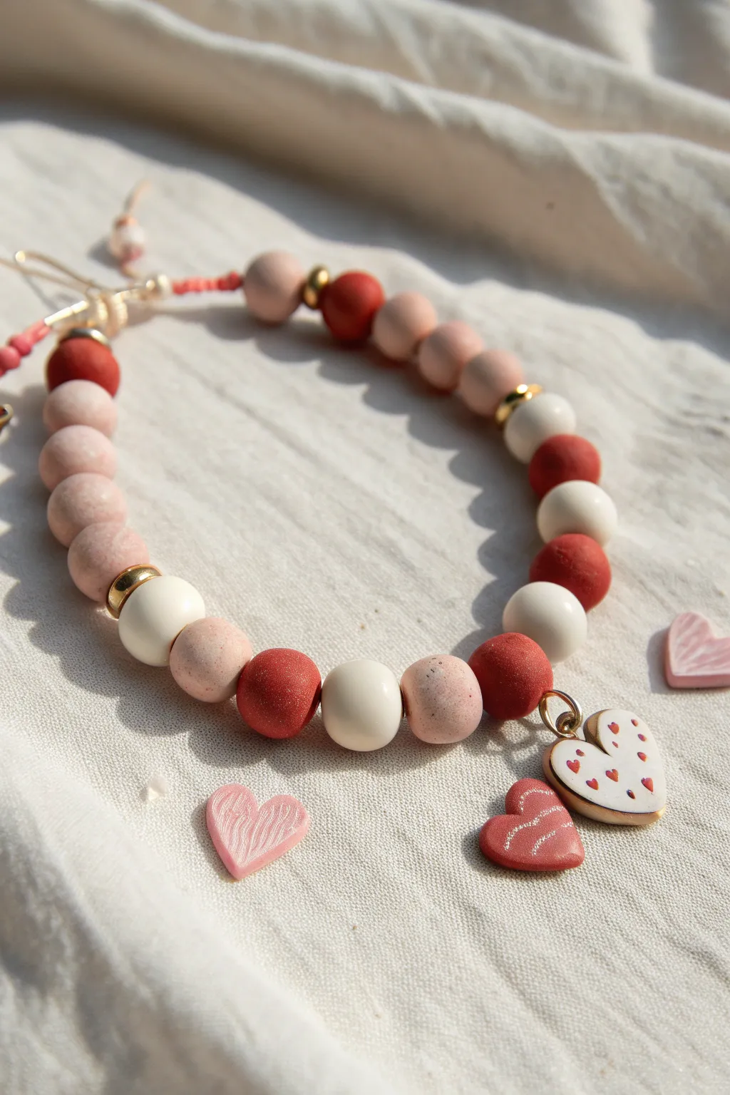 Minimal mixed-shape Valentine bracelet with clay disc beads and tiny heart charms in pink and red