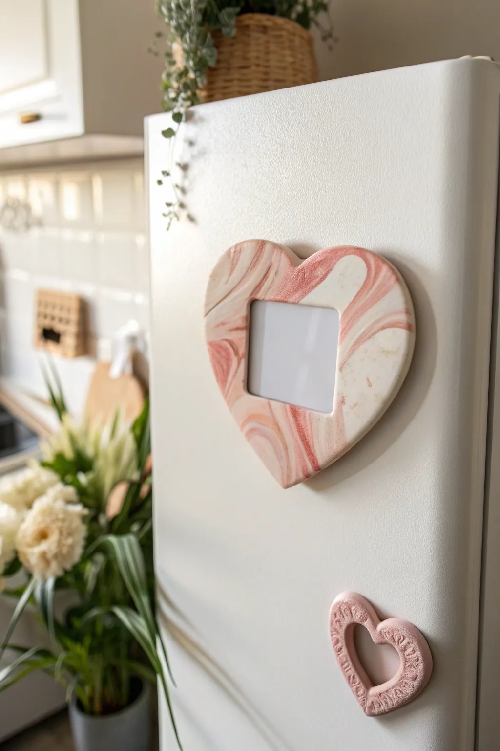 Sweet heart photo frame magnet in soft blush clay, a cozy minimalist Valentine accent.