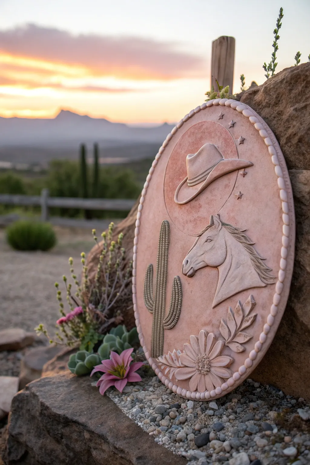 Rustic western clay plaque with sunset tones and raised horse and desert details, soft satin finish