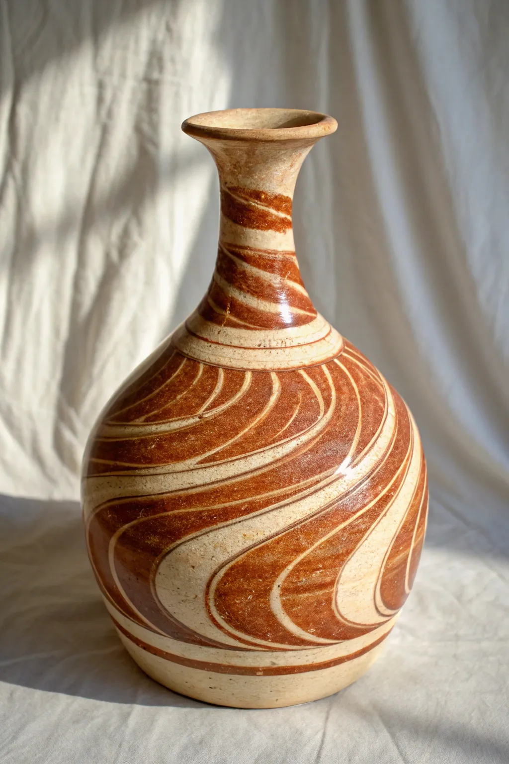 Glossy wheel-thrown marbled swirl vase with bold terracotta and ivory pattern on a clean backdrop