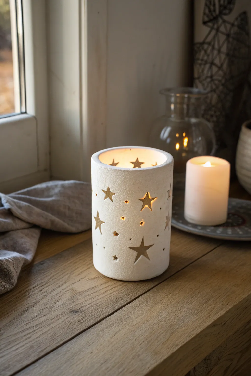 Minimal white clay cutout luminary with a soft candle glow for cozy Scandinavian calm