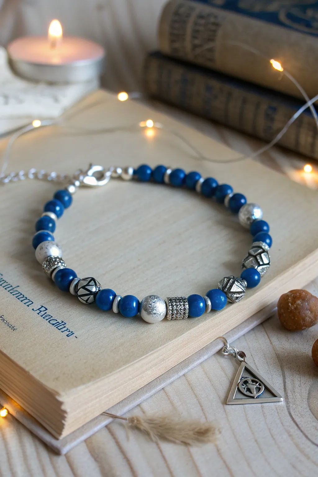 Blue and silver clay bead bracelet with subtle glow beads, minimalist and magical in low light