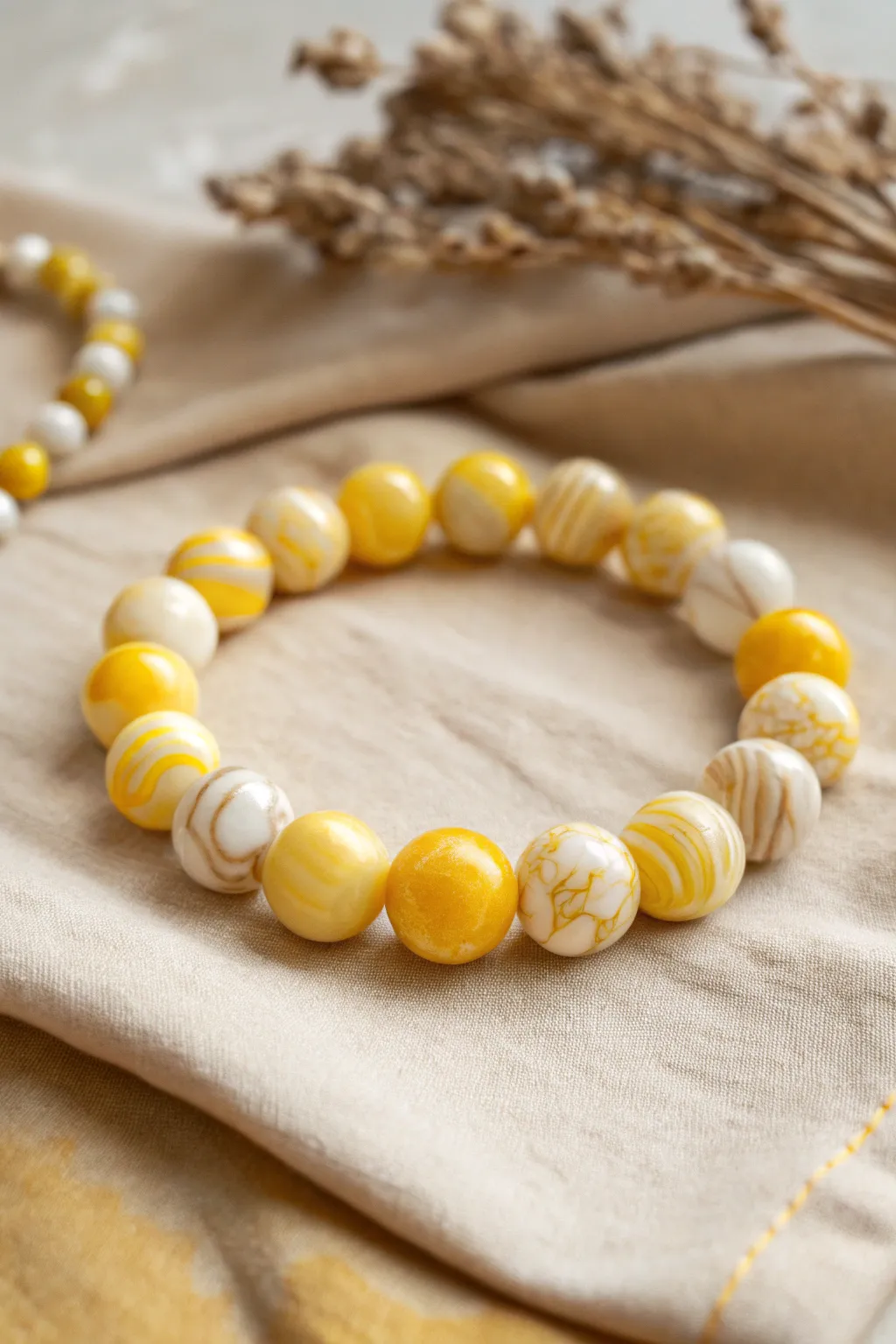 Ombre yellow marble clay bracelet beads, from soft butter to sunshine, clean minimal styling.