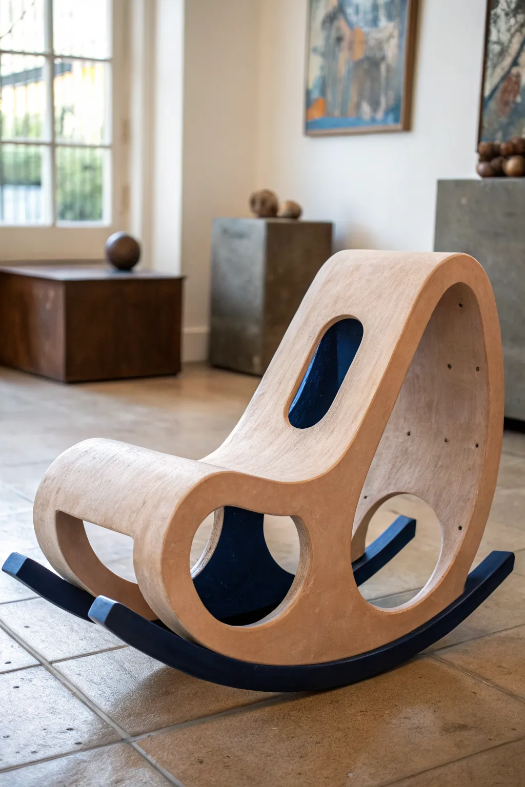 Suspended balance ceramic rocker with airy cutouts, minimalist form, and bold cobalt contrast
