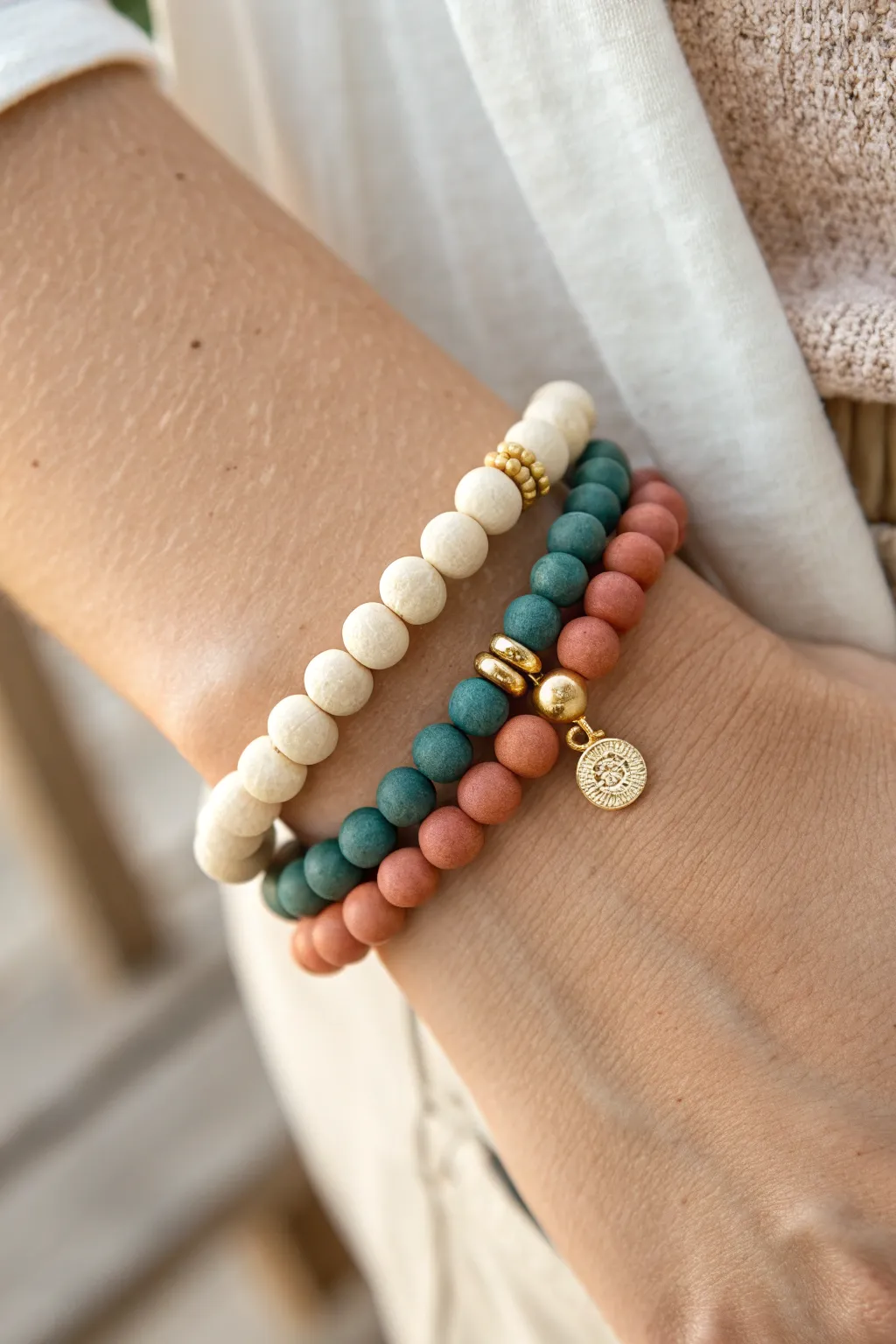 Two-strand clay bead bracelet set: monochrome strand plus colorful charm with gold spacers.