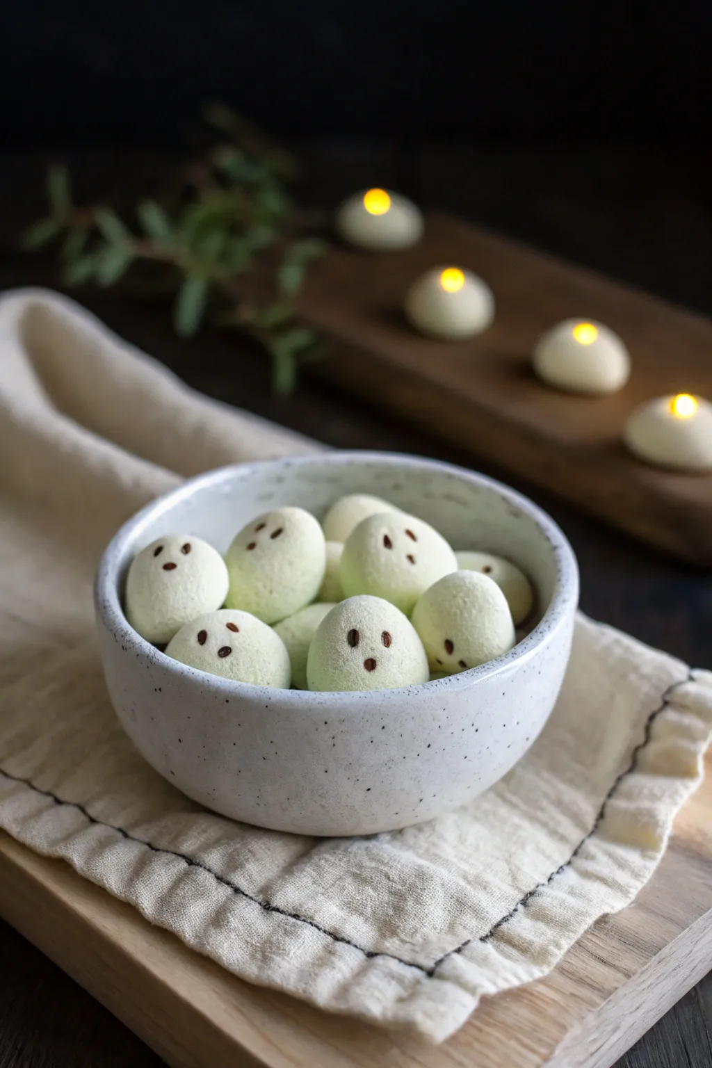 Glow-in-the-dark air-dry clay ghost pebbles in a minimalist bowl, spooky yet sweet.