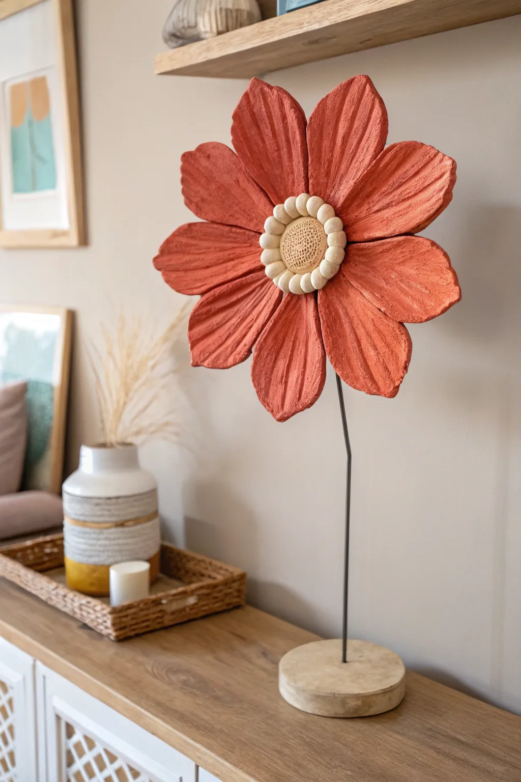Oversized air dry clay poppy adds bold color and calm Scandinavian boho charm to any shelf.