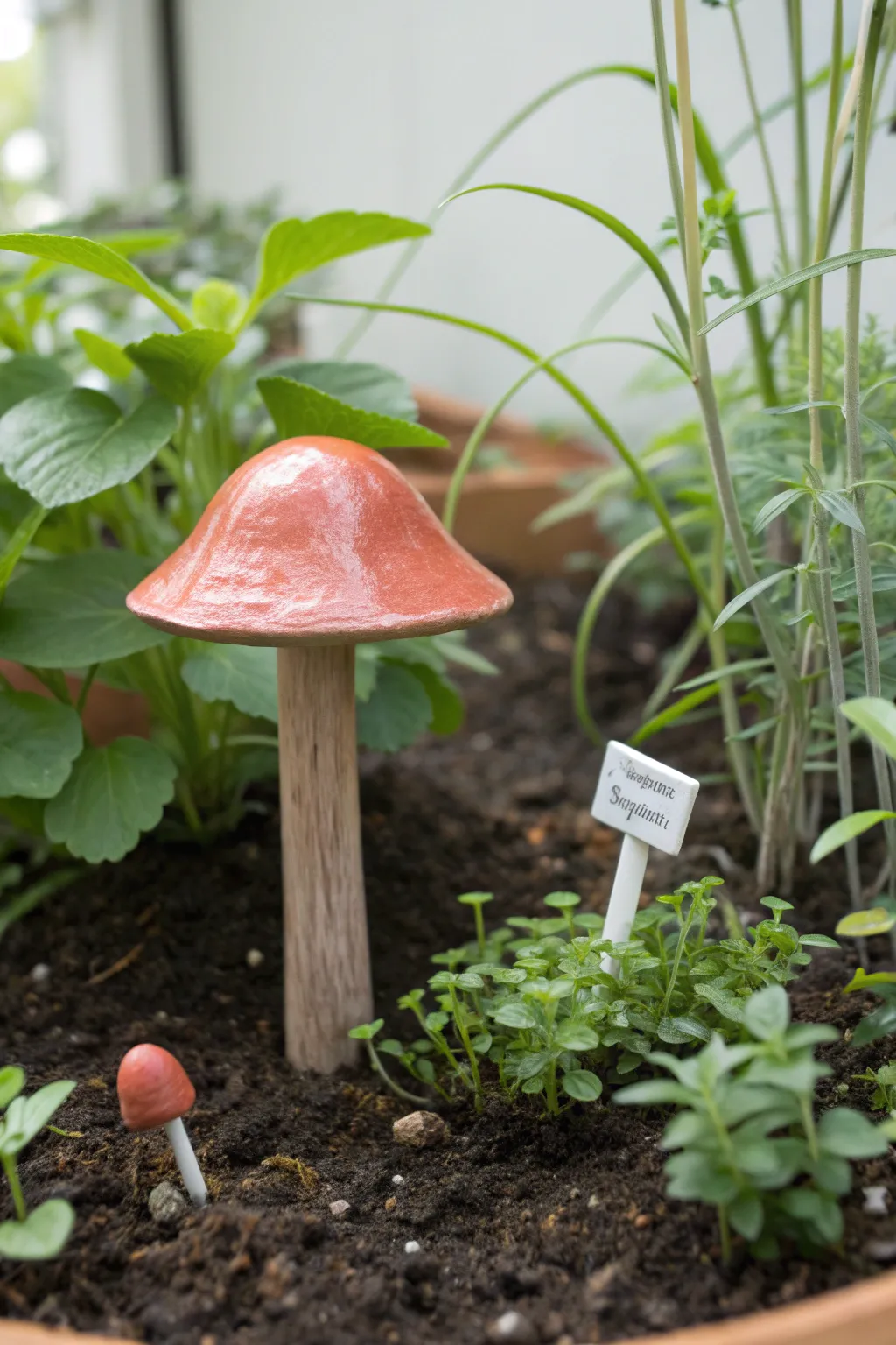 Sealed air dry clay mushroom stake adds weather-ready color to a minimalist garden corner.