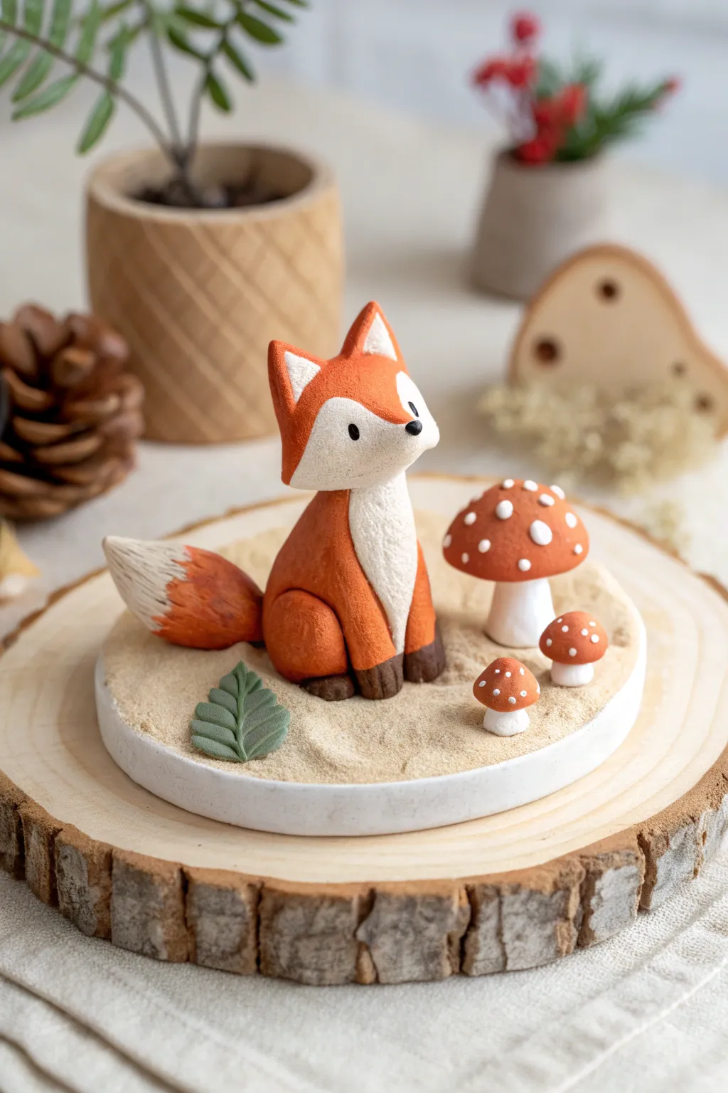 Mini air dry clay fox diorama with simple mushrooms and leaf in soft, minimalist style