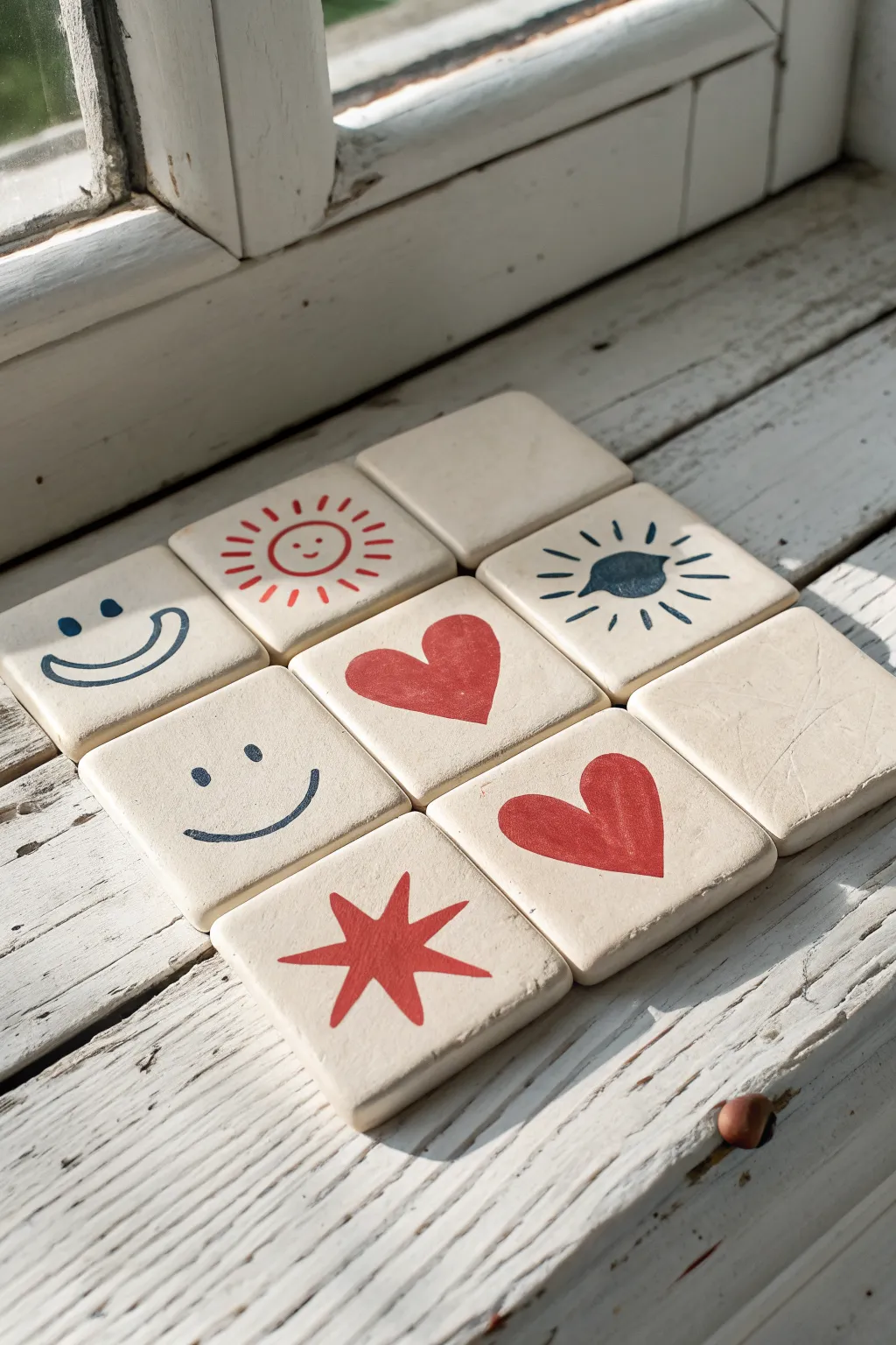 Bright kindness symbols on air-dry clay tiles, a sweet kindergarten classroom mural project.