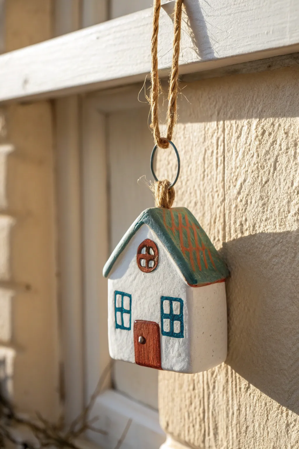 Tiny air dry clay house ornament with hand-painted windows, minimalist boho charm in bold color.
