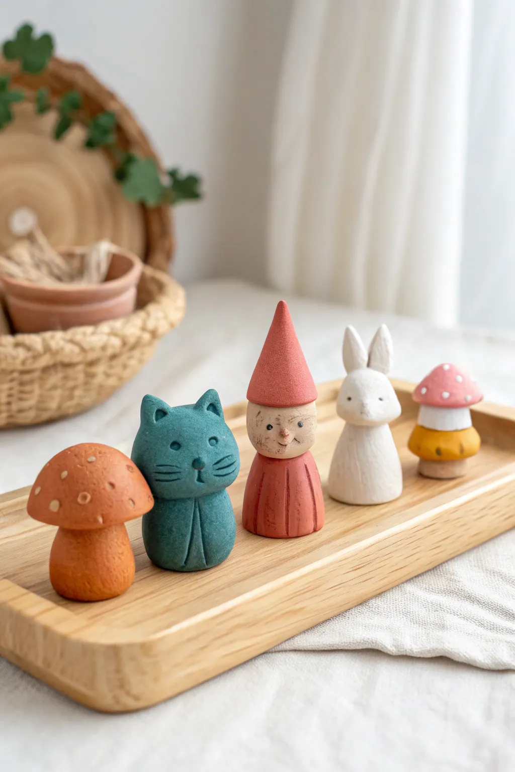 Tiny air-dry clay figurine collection with bold color pops—ideal for niche buyers and gift sets.