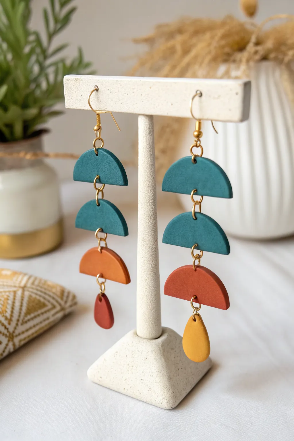 Bold articulated air-dry clay earrings with swinging links, minimalist Scandinavian boho vibe.