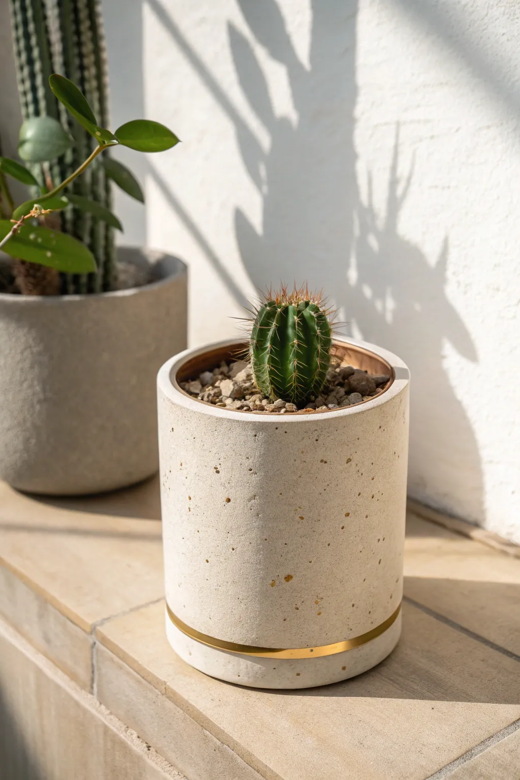 Matte stone-look air dry clay pot with a sleek metallic rim for a chic cactus display