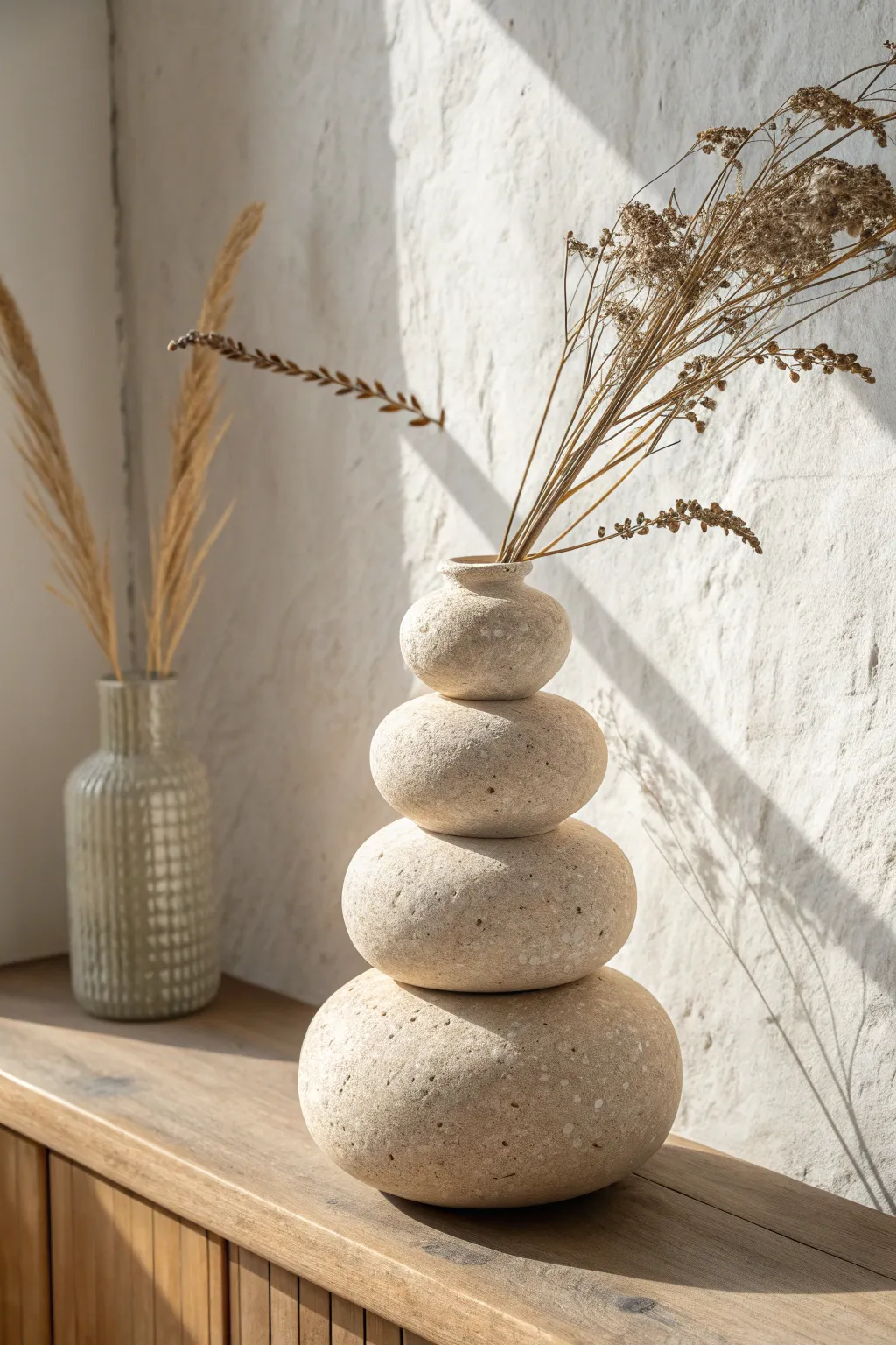 Stacked pebble air-dry clay vase in matte stone greige, styled with airy dried grass.