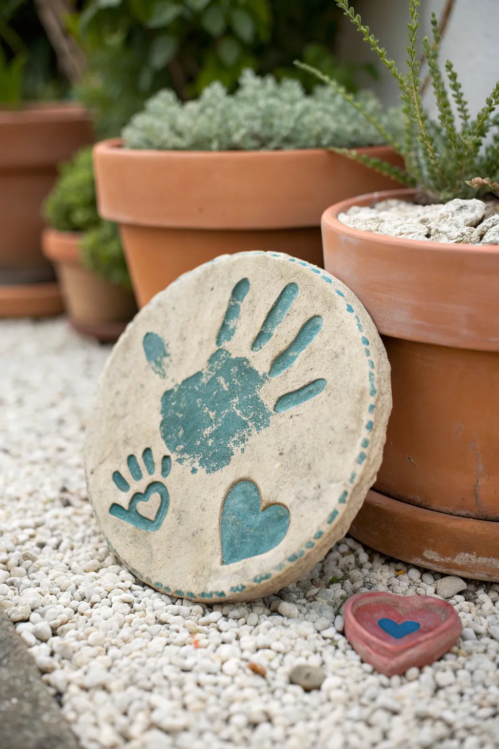 Sweet handprint garden stepping stone in natural clay tones, perfect for a cozy boho backyard keepsake.