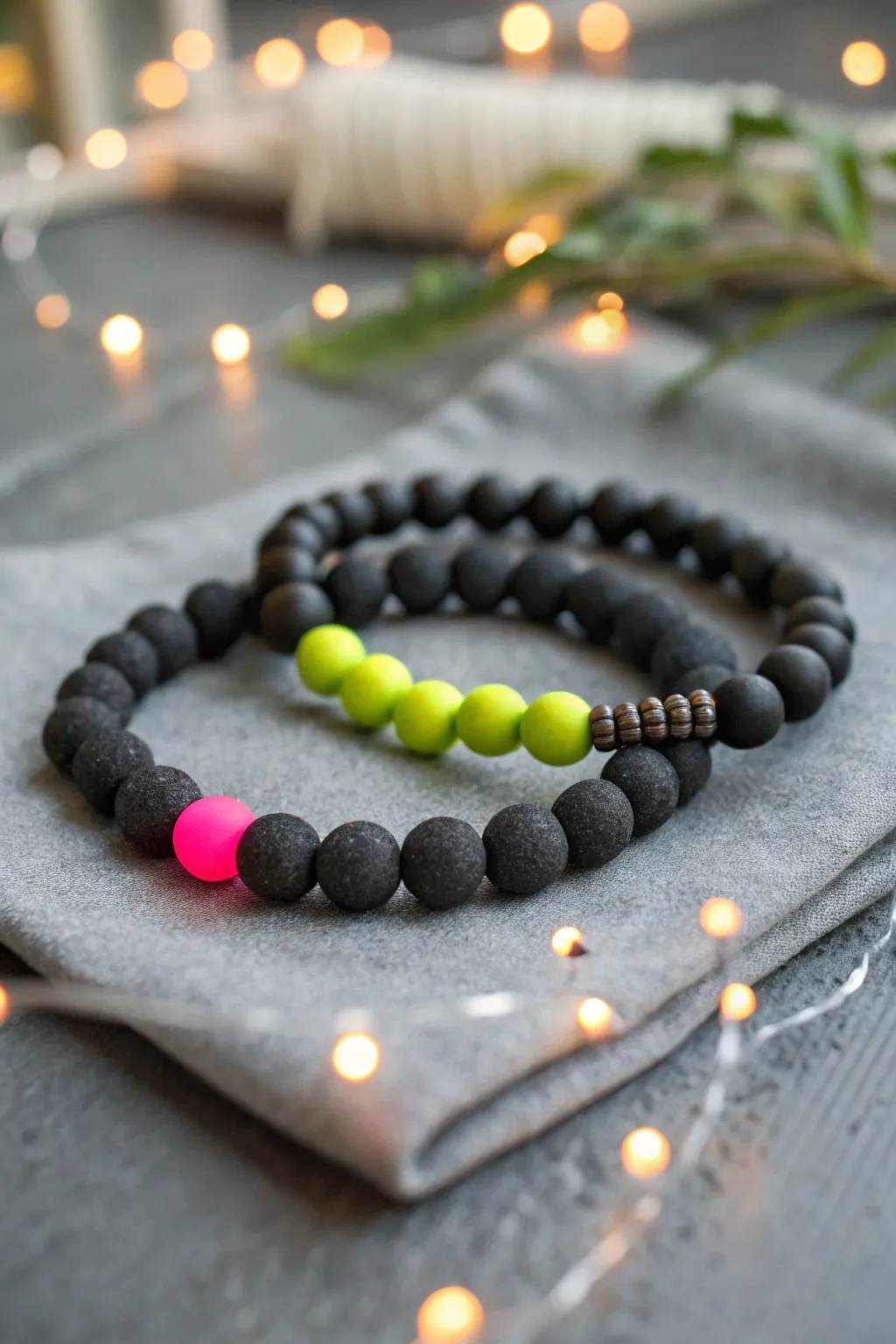 Glow-ready BFF clay bead bracelets in midnight tones with neon accents for a night out