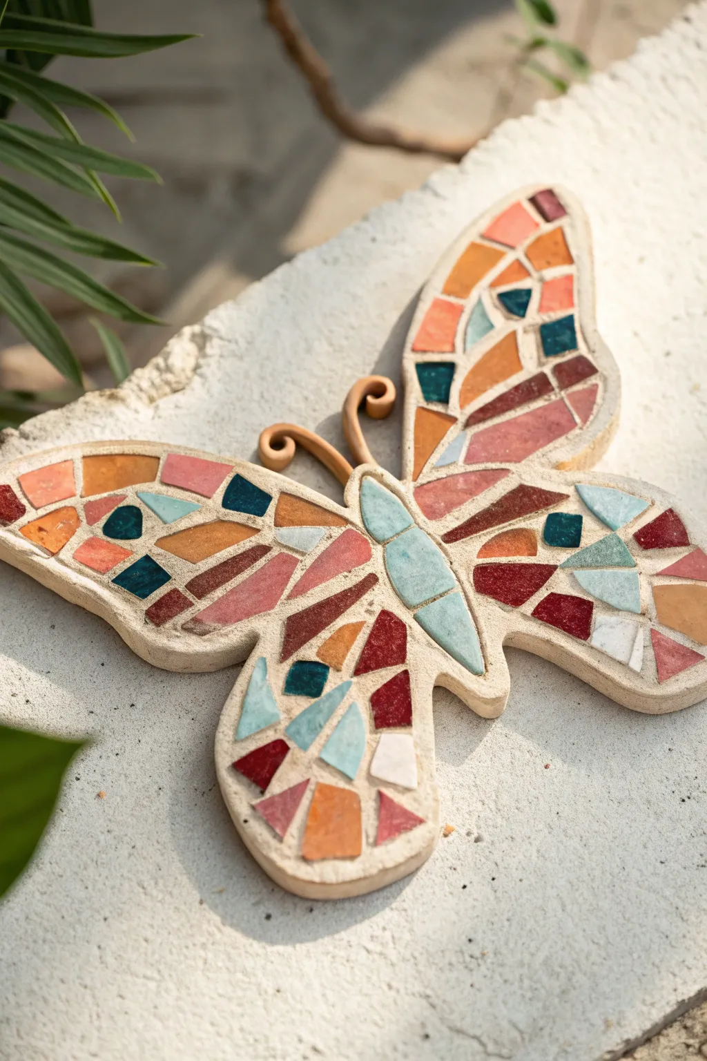 Colorful scrap-clay butterfly mosaic with clean outline, minimalist styling, and boho charm.